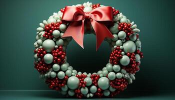 AI generated Winter celebration with shiny snow ball ornament and elegant wreath generated by AI photo