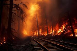 ai generado ferrocarril fuego bosque natural. generar ai foto