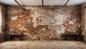 AI generated Old brick wall, rustic wood flooring, modern apartment design generated by AI photo