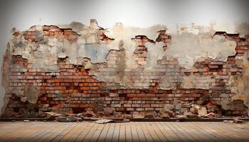 AI generated Old, weathered brick wall with rusty metal and broken wood generated by AI photo