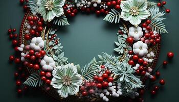 AI generated Winter celebration gift of nature, holly wreath, snowflake ornament generated by AI photo