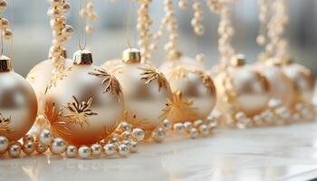 AI generated Christmas ornament decoration, winter celebration, shiny gold sphere on background generated by AI photo