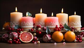 AI generated Burning candle illuminates table with orange fruit, winter celebration generated by AI photo