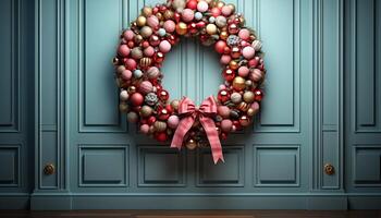 AI generated Wooden door with wreath, gift, and chocolate hanging for celebration generated by AI photo