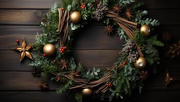 AI generated Rustic wood table adorned with ornate wreath and gift generated by AI photo