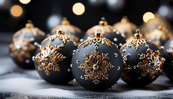 AI generated Winter celebration shiny gold ornament on snowy background generated by AI photo