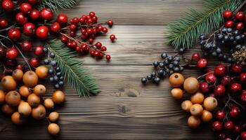 AI generated Wooden table decorated with rustic Christmas ornaments and fresh holly generated by AI photo