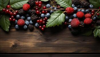 AI generated Freshness of summer berries on rustic wooden table, healthy dessert generated by AI photo