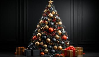 AI generated Bright winter celebration gift box, Christmas tree, shiny ornament generated by AI photo