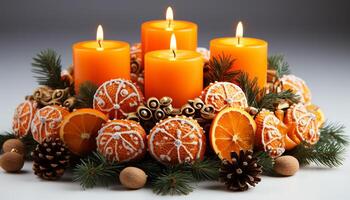 ai generado invierno celebracion luz de una vela, naranja fuego, Navidad ornamento, ardiente pino cono generado por ai foto