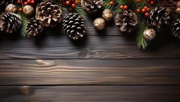 AI generated Winter celebration rustic wood table adorned with homemade pine cone decorations generated by AI photo