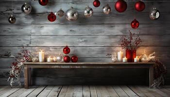 AI generated Rustic wood decor illuminates cozy winter celebration indoors generated by AI photo