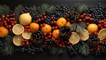 AI generated A festive table with fresh fruits, berries, and decorations generated by AI photo