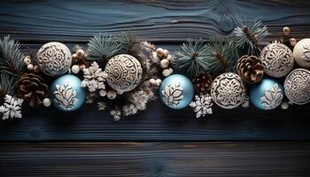 AI generated Christmas tree decoration wood, snowflake, ornament, ball, snow, fir tree generated by AI photo