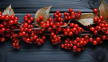 AI generated Rustic wood table adorned with organic autumn berry decoration generated by AI photo