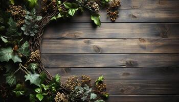AI generated Rustic autumn table decor old branch, leaf, flower composition generated by AI photo