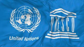 United Nations Educational, Scientific and Cultural Organization, UNESCO and United Nations, UN Flags Together Seamless Looping Background, Looped Bump Texture Cloth Waving Slow Motion, 3D Rendering video