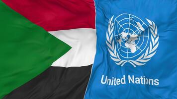 Soedan en Verenigde landen, un vlaggen samen naadloos looping achtergrond, lusvormige buil structuur kleding golvend langzaam beweging, 3d renderen video