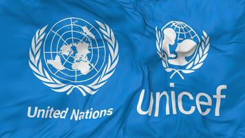 United Nations Childrens Fund, UNICEF and United Nations, UN Flags Together Seamless Looping Background, Looped Bump Texture Cloth Waving Slow Motion, 3D Rendering video