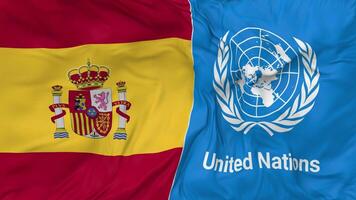 Spain and United Nations, UN Flags Together Seamless Looping Background, Looped Bump Texture Cloth Waving Slow Motion, 3D Rendering video