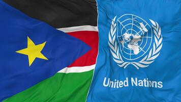 South Sudan and United Nations, UN Flags Together Seamless Looping Background, Looped Bump Texture Cloth Waving Slow Motion, 3D Rendering video