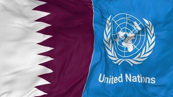 Qatar and United Nations, UN Flags Together Seamless Looping Background, Looped Bump Texture Cloth Waving Slow Motion, 3D Rendering video