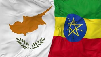 Etiopía y Chipre banderas juntos sin costura bucle fondo, serpenteado bache textura paño ondulación lento movimiento, 3d representación video