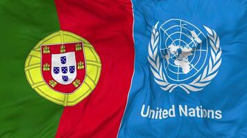 Portugal and United Nations, UN Flags Together Seamless Looping Background, Looped Bump Texture Cloth Waving Slow Motion, 3D Rendering video