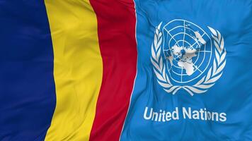 Romania and United Nations, UN Flags Together Seamless Looping Background, Looped Bump Texture Cloth Waving Slow Motion, 3D Rendering video