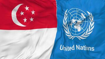 Singapur y unido naciones, Naciones Unidas banderas juntos sin costura bucle fondo, serpenteado bache textura paño ondulación lento movimiento, 3d representación video