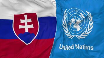Slowakije en Verenigde landen, un vlaggen samen naadloos looping achtergrond, lusvormige buil structuur kleding golvend langzaam beweging, 3d renderen video