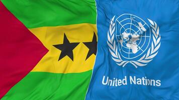 Sao Tome and Principe and United Nations, UN Flags Together Seamless Looping Background, Looped Bump Texture Cloth Waving Slow Motion, 3D Rendering video