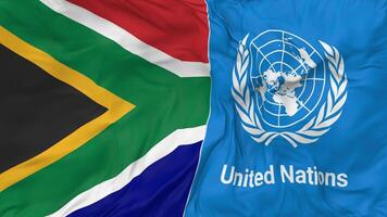 South Africa and United Nations, UN Flags Together Seamless Looping Background, Looped Bump Texture Cloth Waving Slow Motion, 3D Rendering video