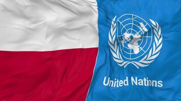 Poland and United Nations, UN Flags Together Seamless Looping Background, Looped Bump Texture Cloth Waving Slow Motion, 3D Rendering video