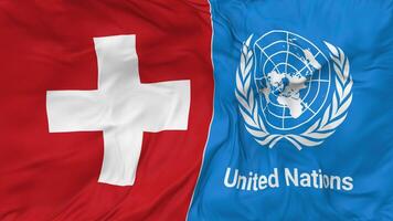 Suiza y unido naciones, Naciones Unidas banderas juntos sin costura bucle fondo, serpenteado bache textura paño ondulación lento movimiento, 3d representación video