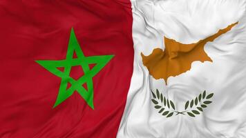 Marruecos y Chipre banderas juntos sin costura bucle fondo, serpenteado bache textura paño ondulación lento movimiento, 3d representación video