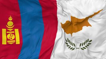 Mongolië en Cyprus vlaggen samen naadloos looping achtergrond, lusvormige buil structuur kleding golvend langzaam beweging, 3d renderen video