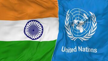 India and United Nations, UN Flags Together Seamless Looping Background, Looped Bump Texture Cloth Waving Slow Motion, 3D Rendering video