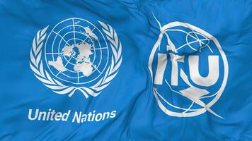 internacional telecomunicación Unión, UIT y unido naciones, Naciones Unidas banderas juntos sin costura bucle fondo, serpenteado bache textura paño ondulación lento movimiento, 3d representación video