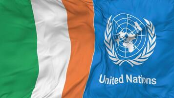 Irlande et uni nations, ONU drapeaux ensemble sans couture boucle arrière-plan, en boucle bosse texture tissu agitant lent mouvement, 3d le rendu video