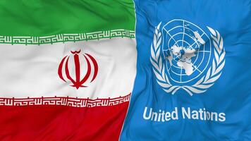 Iran and United Nations, UN Flags Together Seamless Looping Background, Looped Bump Texture Cloth Waving Slow Motion, 3D Rendering video