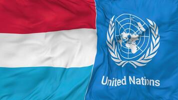Luxemburgo e Unidos nações, un bandeiras juntos desatado looping fundo, em loop colisão textura pano acenando lento movimento, 3d Renderização video