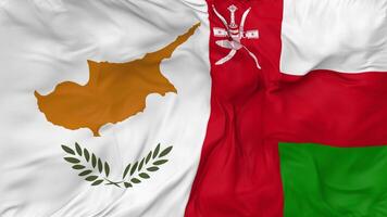 Omán y Chipre banderas juntos sin costura bucle fondo, serpenteado bache textura paño ondulación lento movimiento, 3d representación video