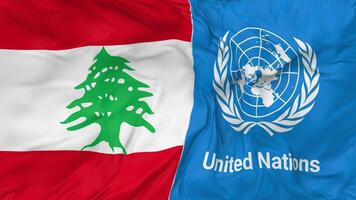 Lebanon and United Nations, UN Flags Together Seamless Looping Background, Looped Bump Texture Cloth Waving Slow Motion, 3D Rendering video