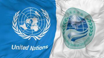 Shanghai Cooperation Organisation, SCO and United Nations, UN Flags Together Seamless Looping Background, Looped Bump Texture Cloth Waving Slow Motion, 3D Rendering video