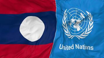 Laos and United Nations, UN Flags Together Seamless Looping Background, Looped Bump Texture Cloth Waving Slow Motion, 3D Rendering video