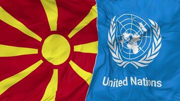 North Macedonia and United Nations, UN Flags Together Seamless Looping Background, Looped Bump Texture Cloth Waving Slow Motion, 3D Rendering video