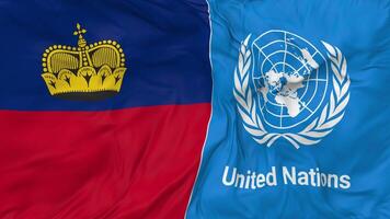 Liechtenstein y unido naciones, Naciones Unidas banderas juntos sin costura bucle fondo, serpenteado bache textura paño ondulación lento movimiento, 3d representación video
