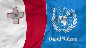 Malta and United Nations, UN Flags Together Seamless Looping Background, Looped Bump Texture Cloth Waving Slow Motion, 3D Rendering video