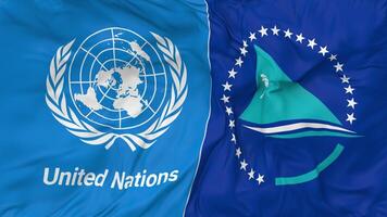 Pacific Community, PC, South Pacific Commission, SPC and United Nations, UN Flags Together Seamless Looping Background, Looped Bump Texture Cloth Waving Slow Motion, 3D Rendering video